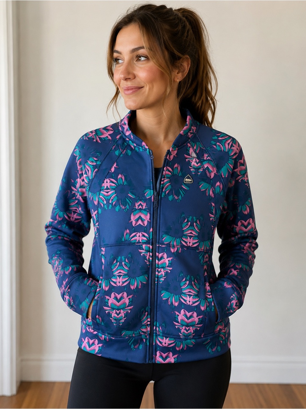 Burton Navy & Pink Floral Zip-Up Jacket Sz Medium Fleece Lined Outdoor Gorpcore